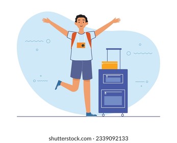 Men raising hands excitedly go on holiday with their own suitcases, bags, cameras, backpacks, happy holidays. Character design. Vector flat illustration 