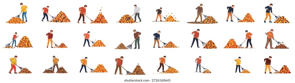 Conjunto de Vector de hojas de rastrillo para hombres: Ilustraciones de personas que reúnen Grandes pilas de follaje otoñal colorido durante el mantenimiento y la limpieza estacionales del patio.
