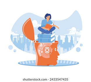 Men read books on top of growing stacks of books to gain knowledge, intelligence, thinking skills, and lifelong learning. Students in the learning process. flat vector modern illustration