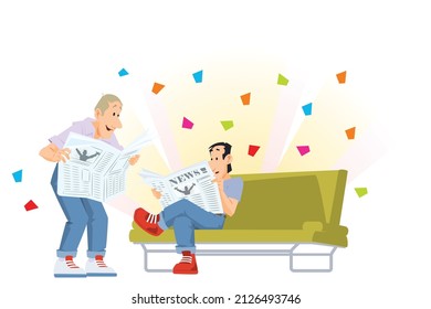 Men read good news in newspapers. Funny people. Illustration concept template for website, web landing page, banner, presentation, social, poster, promotion or print media.