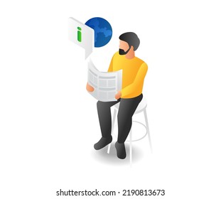 Men read for world information in isometric and flat illustration
