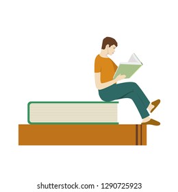 men reading a book sitting on  the  books. vector illustration 