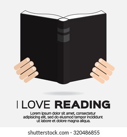 Men reading a colorful book in flat design style. I love books.  Home library with literature, vector illustration