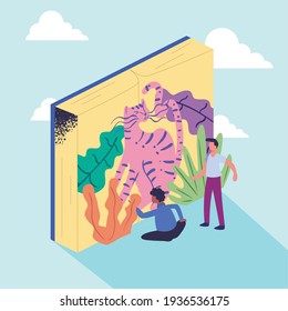 men reading isometric cat book