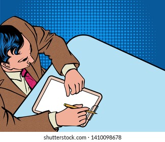 Men are recording data. He examined the documents.
