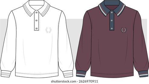 Men regular fit long sleeve casual polo collar top, sweatshirt  fashion technical drawing, illustration. Front view vector. Cad, Mockup.