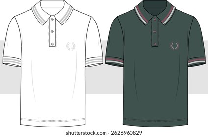 Men regular fit short sleeve casual polo collar t shirt fashion technical drawing, illustration. Front view vector. Cad, Mockup.