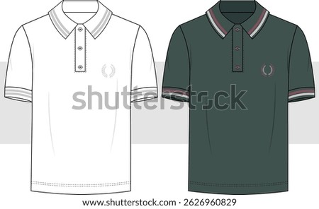 Men regular fit short sleeve casual polo collar t shirt fashion technical drawing, illustration. Front view vector. Cad, Mockup.