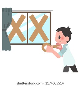 Men reinforcing window with duct tape