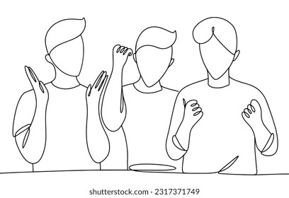 Men rejoice together. Achieving success. International Firgun Day. One line drawing for different uses. Vector illustration.