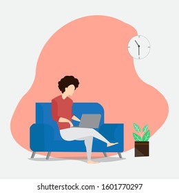 Men relax with their laptops on the couch. Illustration for background design of your web template.