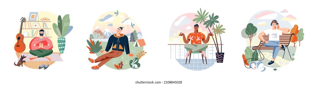 Men relax in yoga zen poses set vector illustration. Cartoon person sitting in calm lotus position, relaxing in office, home or park for mind balance and wellness, meditation isolated on white