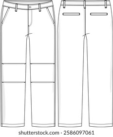 Men relaxed fit pant with pleats detail at knees, front slant pockets, back welt pockets, sketch front and back, vectors