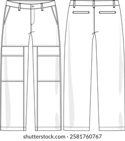 Men Relaxed pant workerwear-inspired with flap pockets on the front, relaxed leg, double topstitching, belt loop, fly opening with button, back welt pocket, sketch front and back, vectors