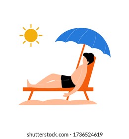Men relaxes on beach, flat illustration