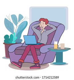 Men are relaxing entertainment from laptop computer. hand drawn style vector design illustrations.

