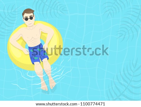 Men relaxing in an inflatable ring in swimming pool top view. Summer time illustration.
