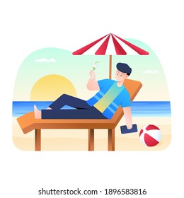 Men relaxing on the beach and drinking juice