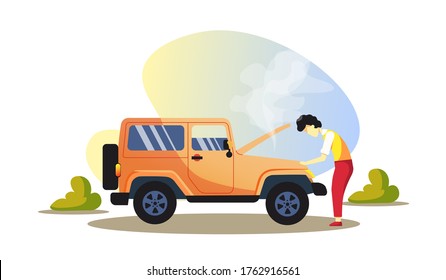 Men repairing a car, Broken car, Emergency stop, Car repair, Jeep concept. Isolated vector illustration. 