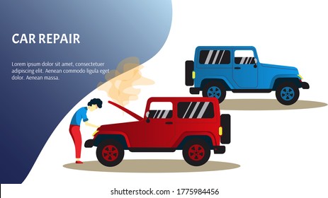 Men repairing a car, Broken car, Emergency stop, Car repair, Jeep concept. Vector illustration. 