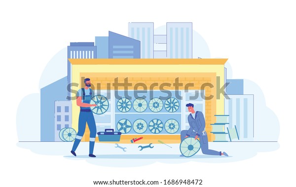 Men\
Repairing Wheel Sets Flat Cartoon Vector Illustration. Repairmen in\
Uniform Holding Automobile Parts. Box with Tools such as Wrench,\
Srewdriver. Workshop with Drives. Working\
Characters.