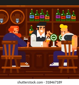 Men Rest and Drink at the Pub. Vector flat illustration.