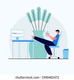 Hombres descansando en el trabajo, un breve descanso después de un largo trabajo duro, leyendo en la oficina frente a la computadora, imagen vectorial, hermoso personaje apuesto