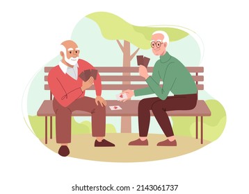 Men of retirement age have fun playing cards together in the park on a bench. Old friends have fun playing card board games. Flat vector illustration, isolated