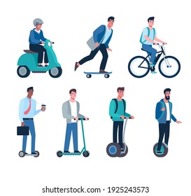 men ride modern electric scooters, skateboards, gyroboards, bicycles, mopeds. Eco friendly alternative vehicles set. Vector boys
in flat style