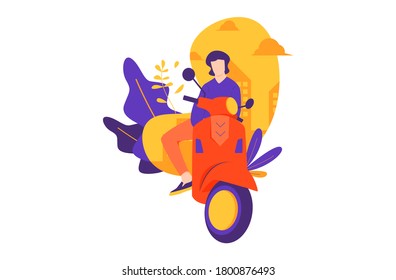 Men ride scooters. Vector illustration.