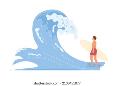 Men rides the Barreled Rushing Waves or floating on paddle board. Happy character isolated on white background. Flat Art Vector illustration