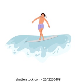 Men rides the Barreled Rushing Waves or floating on paddle board. Happy character isolated on white background. Flat Art Vector illustration