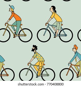 Men riding bicycles. Seamless pattern.