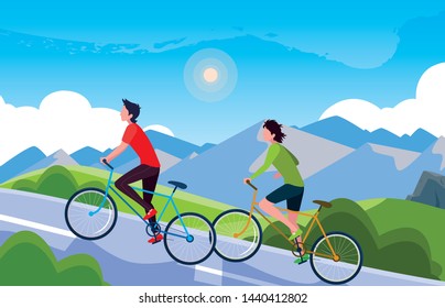 men riding bike in landscape mountainous for road