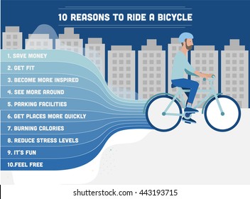 Men riding a bike. List of ten reasons to ride a bicycle.