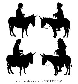 Men riding donkeys. Set of vector black silhouettes on white background