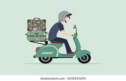 Men riding old classic scooter with luggage or suitcase. Motorcycle touring concept. Vector illustration.