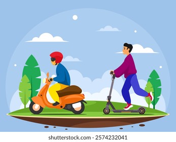 Men riding scooters. A man in a helmet rides a scooter. Young man riding kick scooter, pushing with foot. Happy guy rider driving eco transport outdoors. Green meadow with trees. Rural landscape