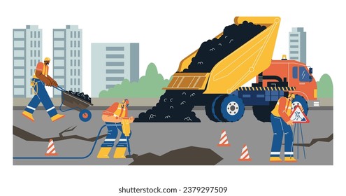 Men road repair flat style, vector illustration isolated on white background. Road construction, asphalt repair, signs and cones. Men in special uniform with helmets, vests and headphones