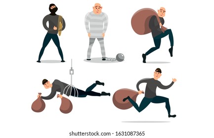 Men robbers with money and in prison vector illustration
