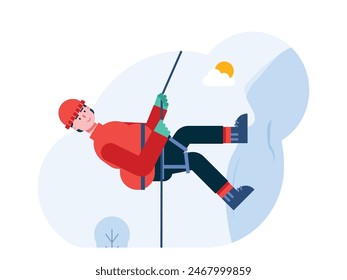 Men rock climbing with safety equipment in the cooling season, extreme hobby. Character design. Vector flat illustration