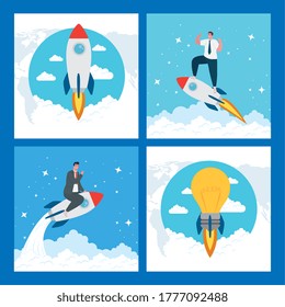 hombres con cohetes y diseño de bombillas, estrategia de idea de plan de inicio y tema de marketing Ilustración vectorial