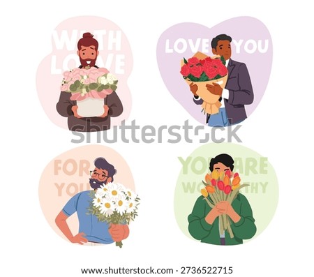 Men romantic cartoon characters standing and holding beautiful flower bouquets ready for date, celebration or gift giving on holidays isolated set. Boyfriends with colorful blooms vector illustration