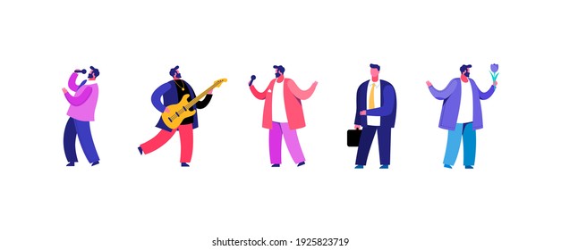 Men romantic musicians. Male characters in smart clothes play guitar and sing stylish guy holding vector flower.