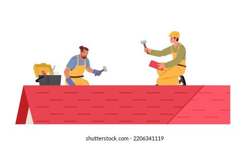 Men Roofers with Work Tools Roofing and Tiling Residential Building Roof. Construction Workers Characters Repair Home, Fixing House Rooftop Tile with Instruments. Cartoon People Vector Illustration