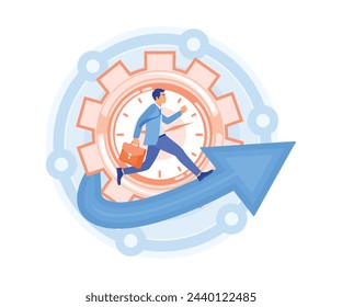 Men run according to clock-shaped gears. Set personal work time. Time Management concept. Flat vector illustration.