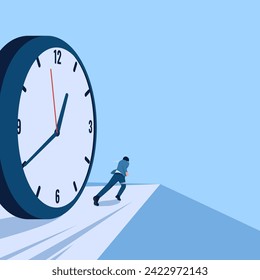 Men run ahead of a rolling clock, a metaphor for a race against time. Simple flat conceptual illustration.