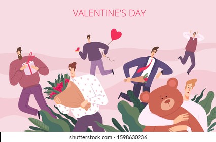 Men run on St. Valentine. Isolated on white background.