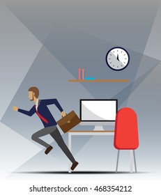 Men run out from the work place in rush hour vector illustration
