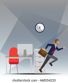 Men run out from the work place in rush hour vector illustration